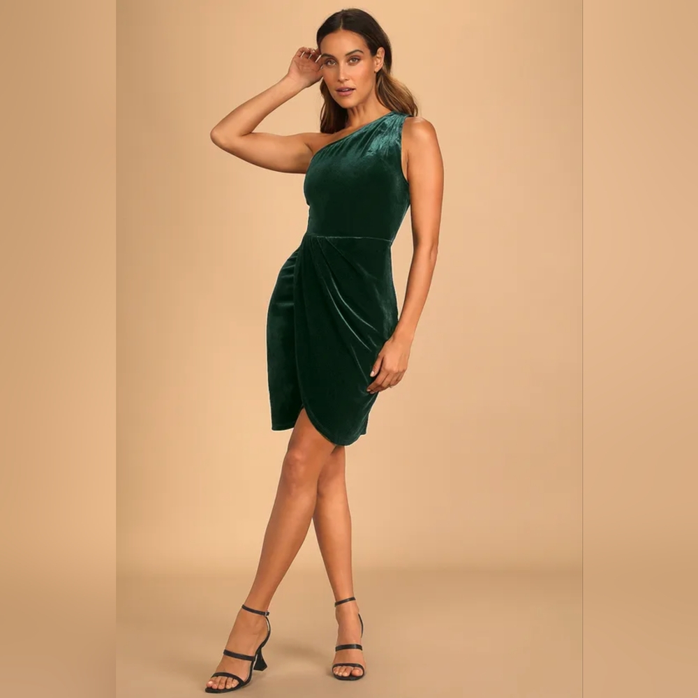 Lulu's All The Luxe Dark Green Velvet Lace One-Shoulder Mini Dress